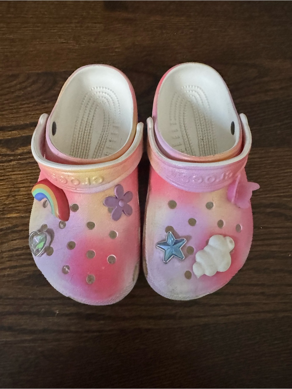 CROCS Kids Pink Tie-Dye Clogs with Rainbow and Cloud Charms